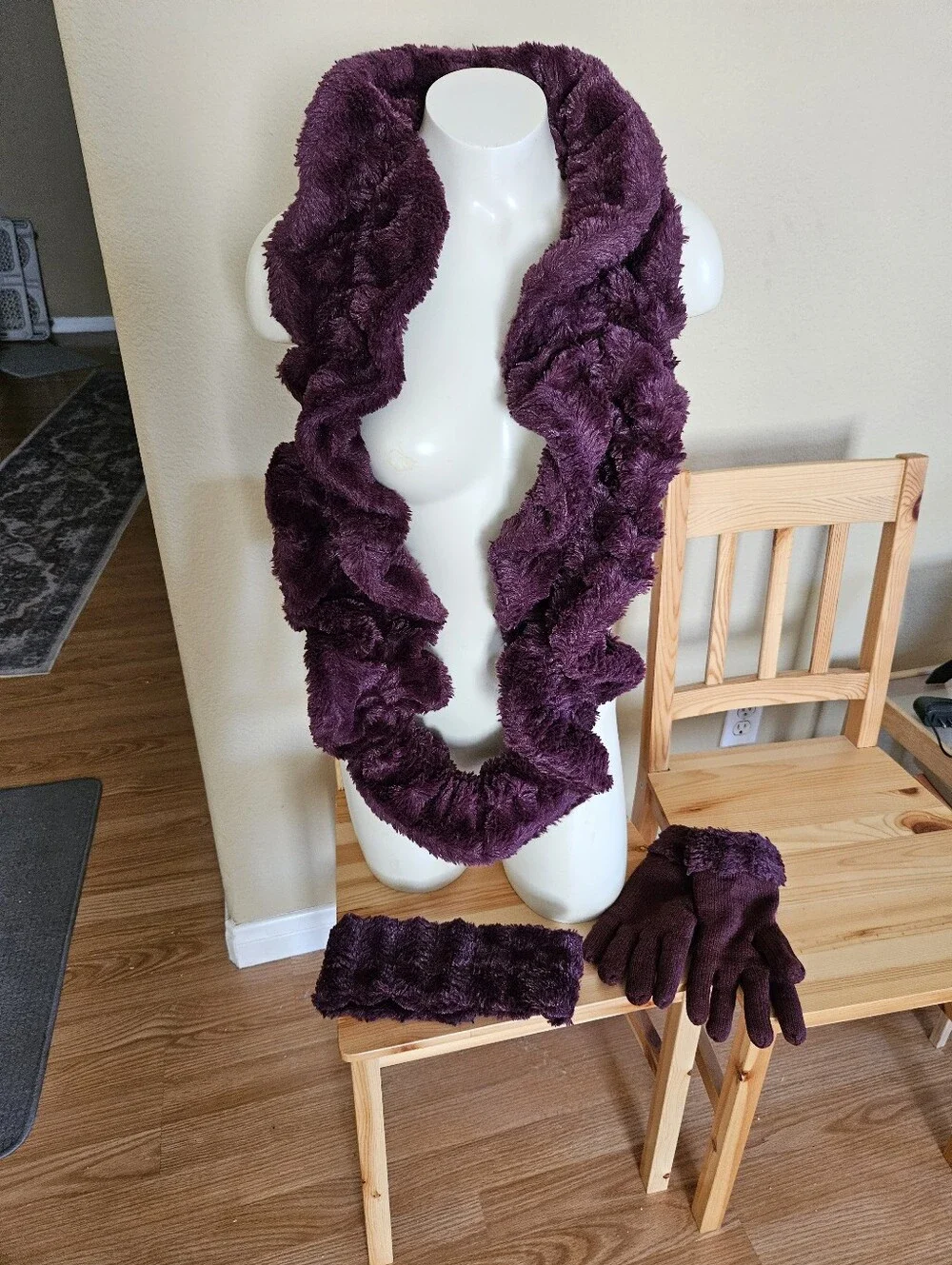 Women's Burgundy Faux-Fur Winter Scarf, Headband & Gloves Set Made By Avon